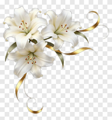 White Lily Bouquet With Golden Ribbons PNG
