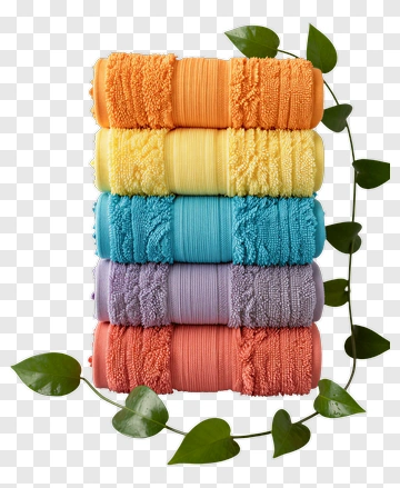 Colorful Stack Of Rolled Towels With Green Leaves PNG