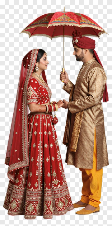 Couple Holding Umbrella In Traditional Wedding Attire PNG
