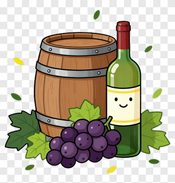 Cartoon Wine Bottle With Grapes And Barrel PNG