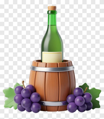 Wine Bottle In A Wooden Barrel With Grapes PNG