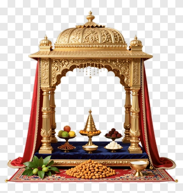 Decorative Indian Food Offering With Golden Canopy PNG
