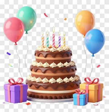 Birthday Cake With Colorful Balloons And Gifts PNG