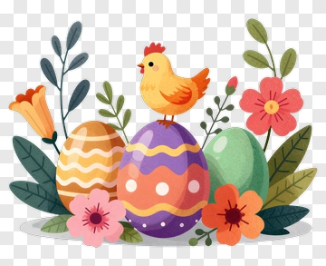 Colorful Easter Eggs With Chick And Flowers PNG
