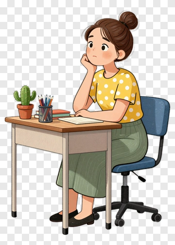 Thoughtful Woman Sitting At Desk With Cactus PNG