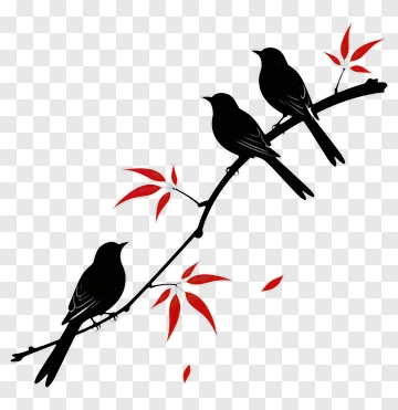 Silhouette Birds On A Branch With Red Leaves PNG