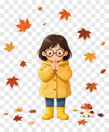 Cartoon Girl In Yellow Coat Surrounded By Autumn Leaves PNG