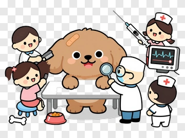 Cartoon Dog At The Vet With Nurses And Children PNG