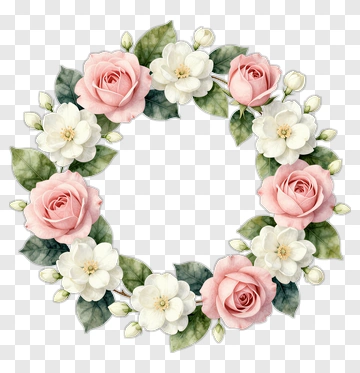 Floral Wreath With Pink Roses And White Flowers PNG