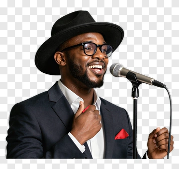 Smiling Man Singing At A Microphone PNG