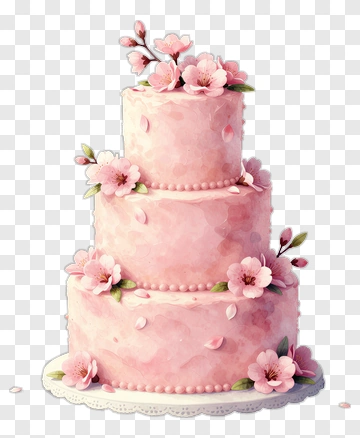 Three-Tiered Pink Wedding Cake With Cherry Blossoms PNG