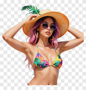 Woman In Colorful Bikini And Sun Hat PNG