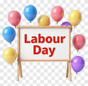 Labour Day Celebration Sign With Colorful Balloons PNG