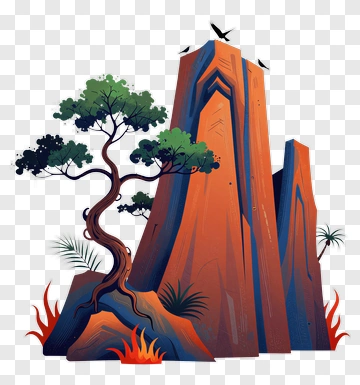 Stylized Mountain Landscape With Tree PNG