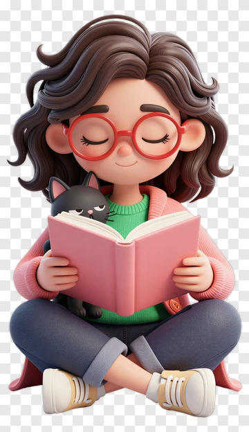 Cartoon Girl Reading A Book With A Cat PNG
