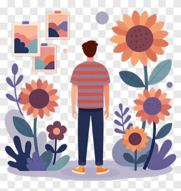 Person Standing Among Colorful Flowers And Art Frames PNG