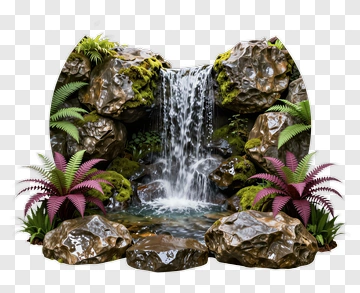 Waterfall Surrounded By Tropical Plants And Rocks PNG