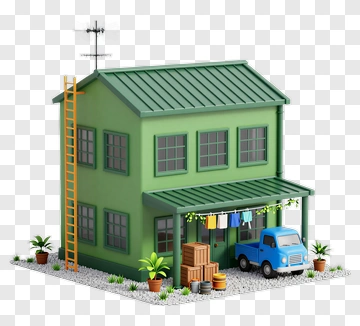 3D Green House With Truck And Ladder PNG