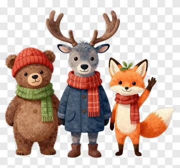 Cartoon Animals In Winter Clothing PNG