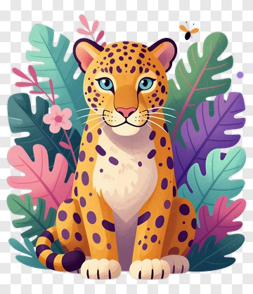 Cartoon Leopard Sitting Among Colorful Leaves PNG