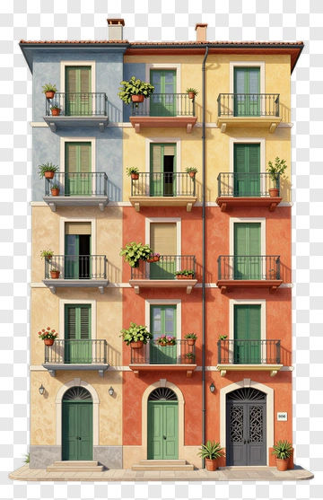 Colorful Apartment Building With Balconies PNG
