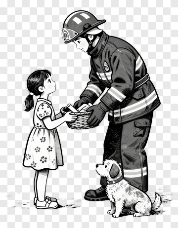 Firefighter Giving A Basket To A Girl PNG