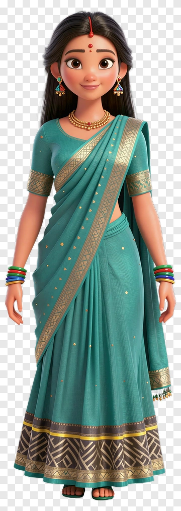 Animated Woman In Traditional Indian Sari PNG