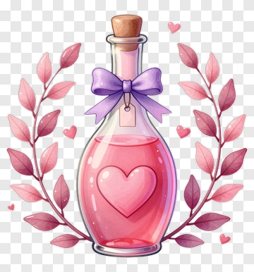 Love Potion Bottle With Pink Leaves PNG
