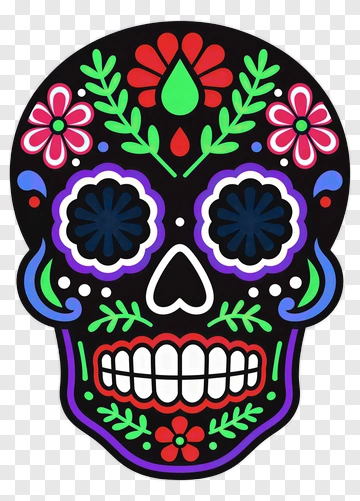 Colorful Sugar Skull With Floral Designs PNG