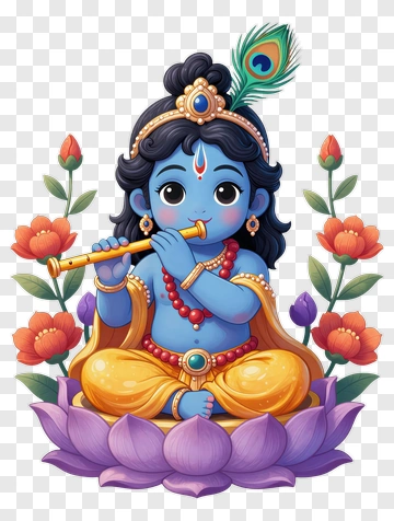 Cartoon Krishna Playing Flute On A Lotus Flower PNG