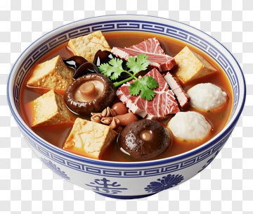 Bowl Of Asian Hot Pot With Meat, Tofu, And Mushrooms PNG
