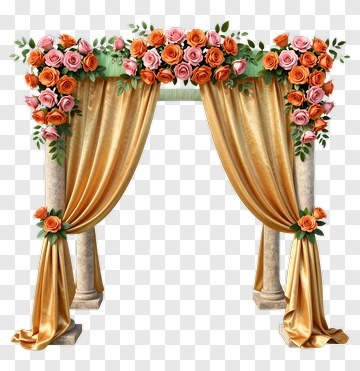 Floral Wedding Arch With Draped Curtains PNG