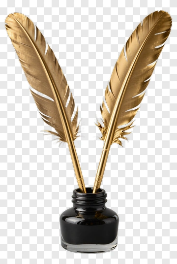Golden Quill Pens In Ink Bottle PNG