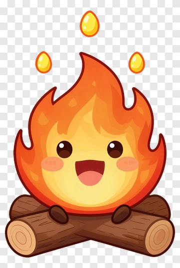Cartoon Fire Character Sitting On Logs PNG