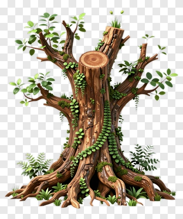 Colorful Tree Stump With Green Leaves PNG