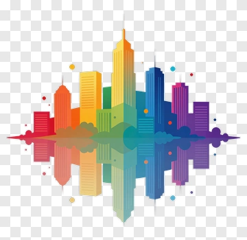Colorful City Skyline Reflection PNG