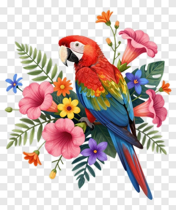 Colorful Parrot Surrounded By Tropical Flowers PNG
