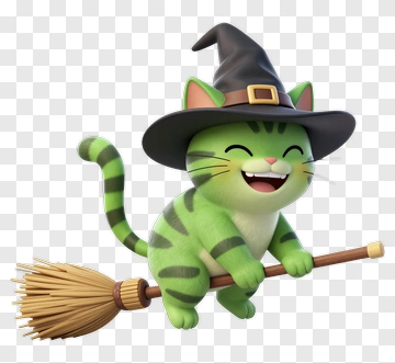 Cartoon Cat Riding A Broomstick PNG