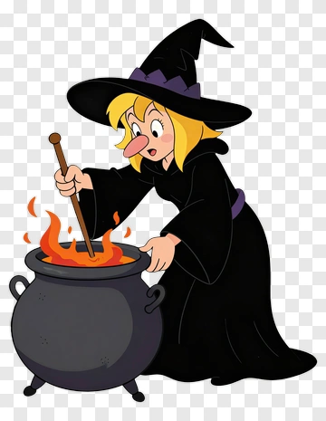 Cartoon Witch Stirring A Cauldron PNG