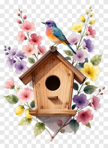 Colorful Birdhouse With A Bird And Flowers PNG