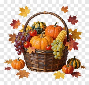 Harvest Basket Filled With Pumpkins And Autumn Leaves PNG