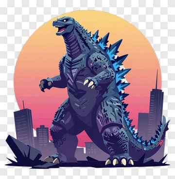 Cartoon Godzilla In A Cityscape PNG