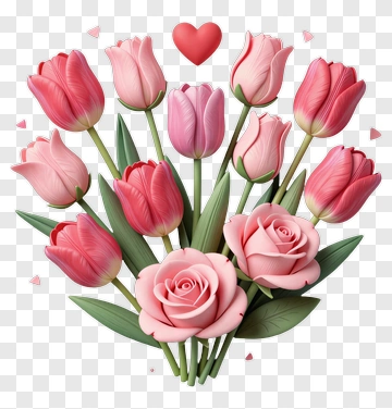 Bouquet Of Pink Roses And Tulips With Heart PNG