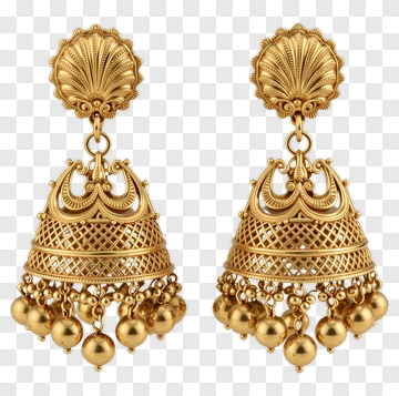 Gold Jhumka Earrings With Bell Design PNG