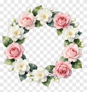 Floral Wreath With Pink Roses And White Flowers PNG