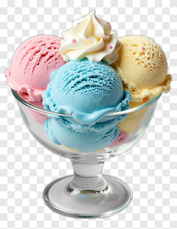 Ice Cream Sundae With Pink, Blue, And Yellow Scoops PNG