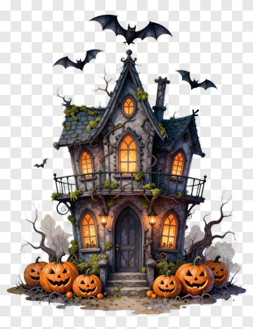 Halloween Haunted House With Pumpkins And Bats PNG