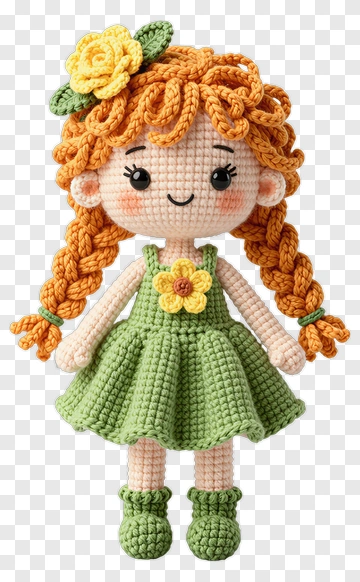 Crochet Doll With Orange Hair And Green Dress PNG