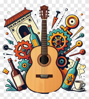 Guitar Surrounded By Colorful Bottles And Gears PNG