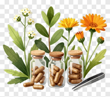 Herbal Medicine Bottles With Flowers And Leaves PNG